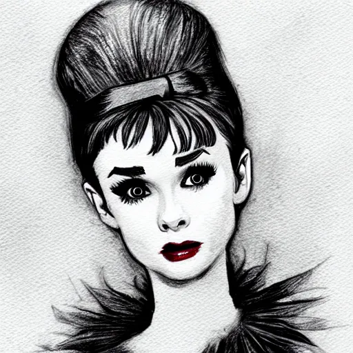 Image similar to an adorable vampire fairy inspired by audrey hepburn and kristen ritter, 8 k resolution whimsical watercolor pencil drawing, deviantart artstation