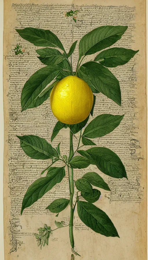 Prompt: encyclopedia drawing of lemon, whole plant, manuscript, etching