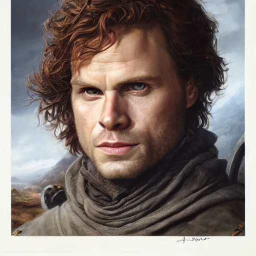 Image similar to Beautiful hyperrealistic detailed matte portrait painting of Jamie Fraser, by andreas rocha and john howe, and Martin Johnson