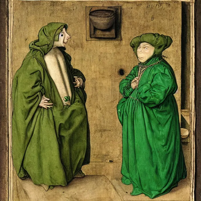 Prompt: a goblin monster and a woman in a green cloak, by Hans Holbein the Younger