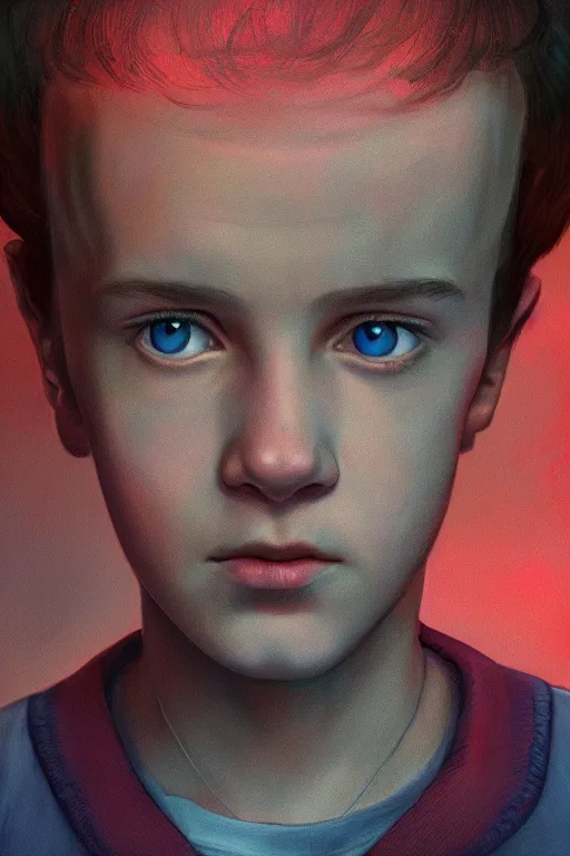 Image similar to a beautiful digital portrait painting of eleven from stranger things, by Ross draws. Volumetric light. Strong keylight.