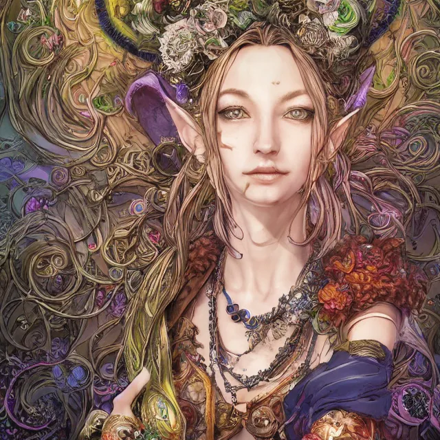Prompt: the portrait of chaotic good female druid alchemist as absurdly beautiful, gorgeous, elegant, happy woman, an ultrafine hyperdetailed illustration by kim jung gi, irakli nadar, intricate linework, sharp focus, bright colors, octopath traveler, final fantasy, unreal engine 5 highly rendered, global illumination, radiant light, detailed and intricate environment
