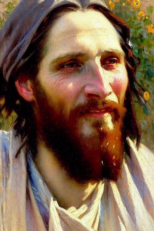 Image similar to impressionist brushstrokes!!!!!!!!! solomon joseph solomon and richard schmid and jeremy lipking victorian loose genre loose painting full length portrait painting of jesus with a slight smile happy inviting