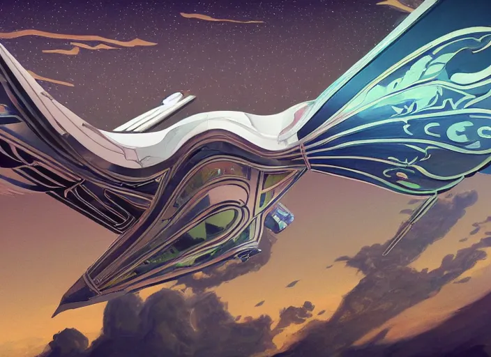 Prompt: concept art of a modern jugendstil space shuttle with ornate birdlike wings with art deco patterns flying over a magic city, cyberpunk, high fantasy