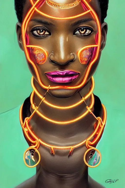 Image similar to detailed portrait of a beautiful African female with face augmentations, strong neon lighting, Afrofuturism, extravagant mechanical gold jewelry, by glenn fabry, hyper realistic, HD, oil on canvas