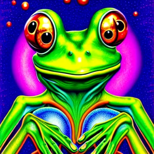 Prompt: an anthropomorphic bipedal frog wearing vibrant robes, illustration by alex grey, d & d character, floating bubbles, concept art, psychedelic, award - winning, extremely detailed, sharp focus, 4 k