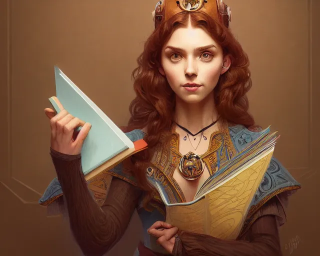 Prompt: hey duggee, holding a notepad and pencil, deep focus, d & d, fantasy, intricate, elegant, highly detailed, digital painting, artstation, concept art, matte, sharp focus, illustration, hearthstone, art by artgerm and greg rutkowski and alphonse mucha