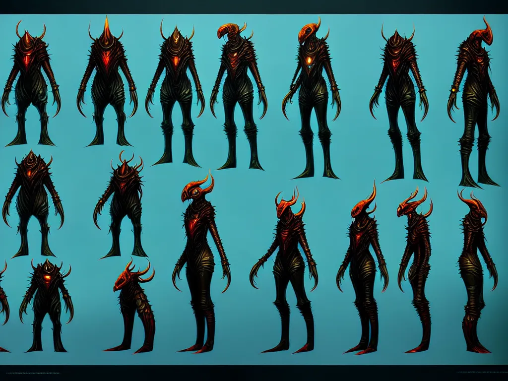 Prompt: highly detailed artstation character design sheet for a sci - fi fire alien boss, anato finnstark, dark fantastic, game assets, unreal engine, unity, concept art