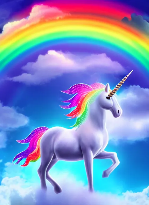 Prompt: intricate unicorn with wings, rainbow, on the background of a weird magical sky with clouds. Very detailed 8k. Fantasy. Sharp. Cinematic post-processing