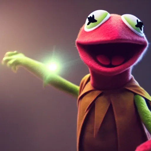 Image similar to a still of kermit the frog in avengers movie, cory volumetric light, detailed, octane render