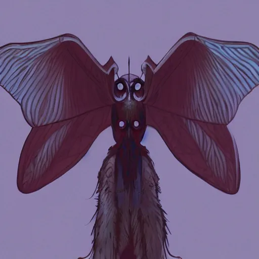 Image similar to photo of mothman with giant wings , cel animation by Manabu Oshashi and Satoshi Kon, professionally post-processed , beautiful, scary, symmetry accurate features, epic, octane rendered, anime masterpiece, accurate