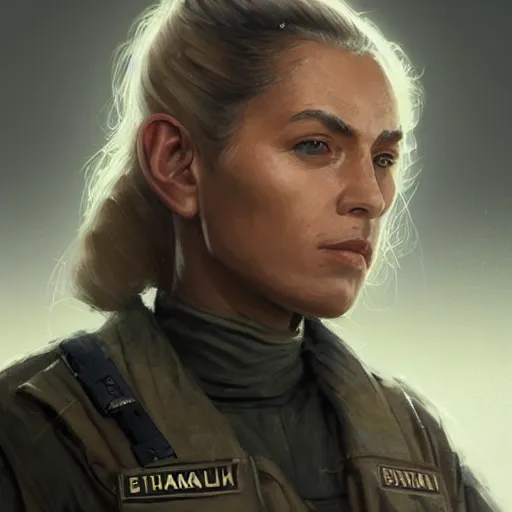 Prompt: portrait of a woman by greg rutkowski, she is a mixture between slav and samoan features, blonde short hair, she is about 7 0 years old, impeccable military composure, wearing tactical gear of the galactic alliance, star wars expanded universe, highly detailed portrait, digital painting, artstation, concept art, smooth, sharp foccus ilustration, artstation hq