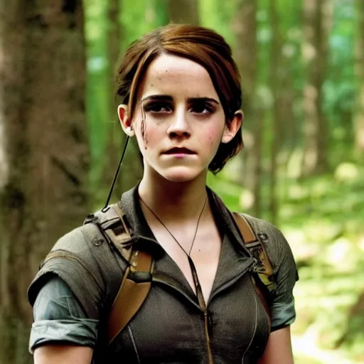 Image similar to emma watson in hunger games, full body shot, highly - detailed, sharp focus, award - winning