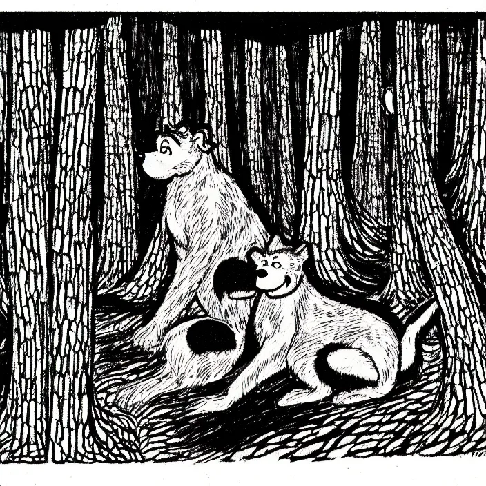 Image similar to a still frame from comic strip, one black furry hairy dog sitting in an ancient forest, centered composition 1 9 5 0, herluf bidstrup, new yorker illustration, monochrome bw, lineart, manga, tadanori yokoo, simplified,