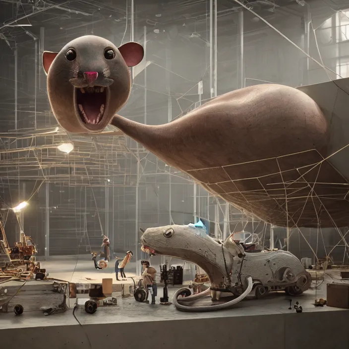 Image similar to crew of humans building giant mouse head in workshop, octane render, 4 k ultra hd, hyper - detailed, realistic, sharp focus, in style of beeple