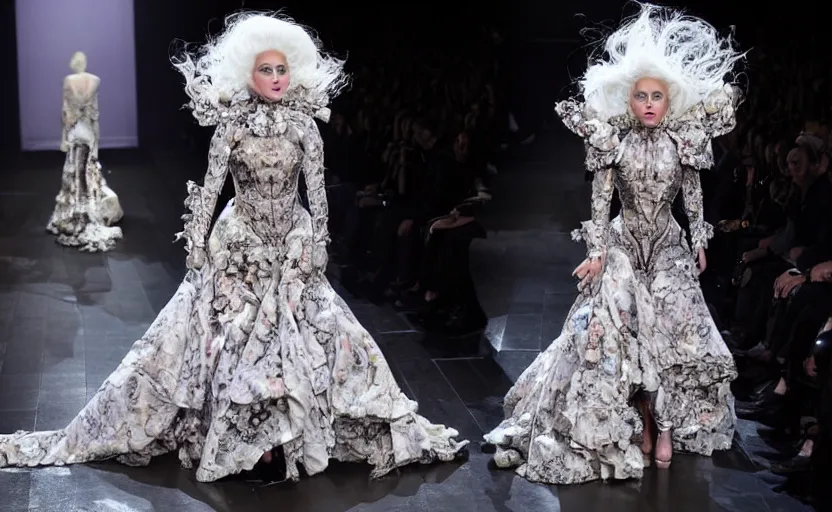 Image similar to lady gaga walking the runway in an alexander mcqueen archive collection at paris fashion week