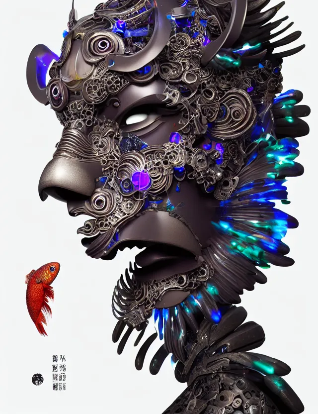 Image similar to 3 d goddess cyborg close - up profile portrait with ram skull. beautiful intricately detailed japanese crow kitsune mask and clasical japanese kimono. betta fish, jellyfish phoenix, bio luminescent, plasma, ice, water, wind, creature, artwork by tooth wu and wlop and beeple and greg rutkowski