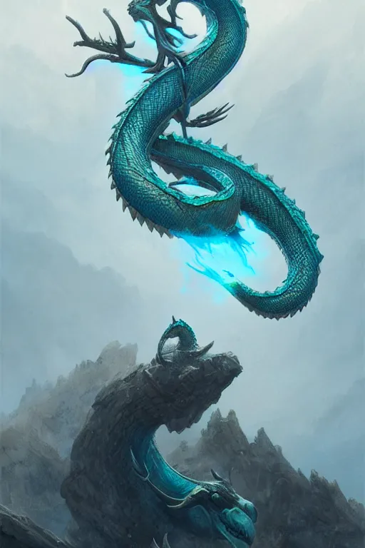 Image similar to cyan dragon - snake hybrid, antlers, disgruntled scales, claws, fantasy, magic, complete, detailed, digital painting, trending on artstation, matte painting by greg rutkowski john howe