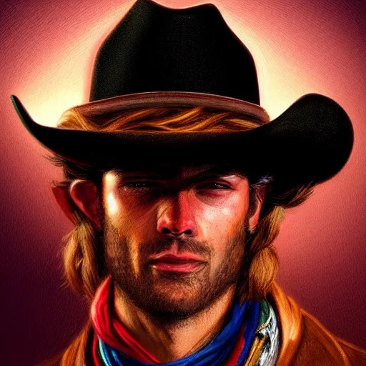 Image similar to cowboy portrait, 1800, colorful, dramatic lighting, detailed, intricate, elegant, highly detailed, digital painting, artstation, concept art, smooth, sharp focus, illustration