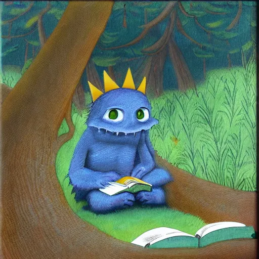 Prompt: monster reading a book in a forest, where the wild things are, bicycle nearby, oil on canvas, calm, maurice sendak