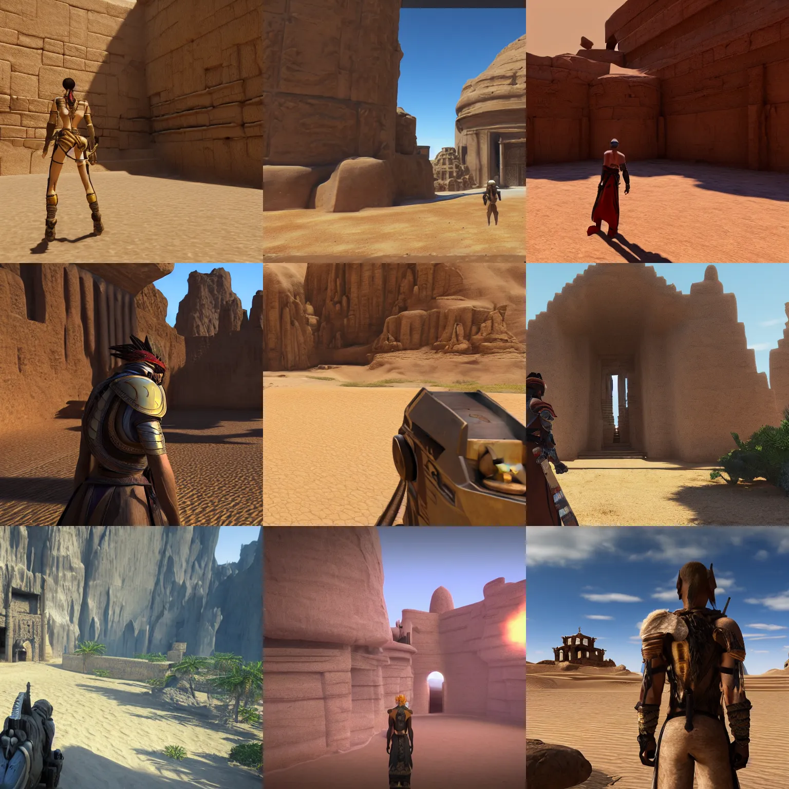 Prompt: over the shoulder shot of character looking at the entrance of a godly ancient isolated sacred spiritual alien village built in the oasis of a vast sand desert, 3 rd person action adventure, screenshot, gameplay, final fantasy, square enix, jrpg, cutscene, unreal engine, 4 k, ultra high settings, rtx, next gen graphics, playstation 5