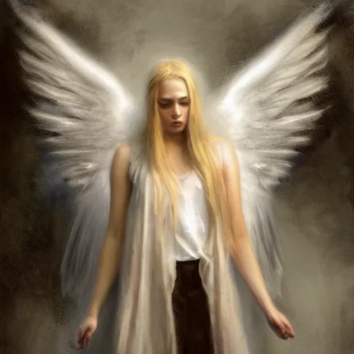 Image similar to an angel with long blond hair and giant wings, illustration, high detail, casey baugh