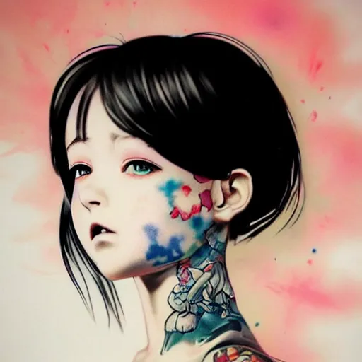 Image similar to tattooed little girl wearing an white dress. art by ilya kuvshinov, profile picture, inspired by hirohiko araki, highly detailed, 8 0 s anime art style, realistic, vogue cover