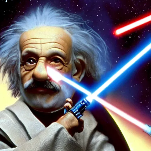 Image similar to a still from star wars : the phantom menace, showing albert einstein!!! as a jedi, having a lightsaber duel with darth maul