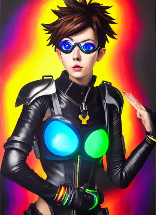 Image similar to realistic oil painting portrait of tracer overwatch, confident pose, wearing black iridescent rainbow latex, rainbow, neon, 4 k, expressive surprised expression, makeup, wearing detailed black leather collar, wearing sleek armor, studio lighting, black leather harness, expressive detailed face and eyes,