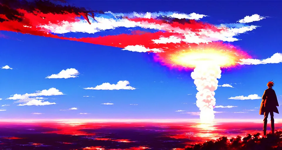 Image similar to a nuclear bomb mid - detonation above the ocean trending pixiv fanbox, acrylic palette knife, style of makoto shinkai takashi takeuchi yoshiyuki sadamoto greg rutkowski chiho aoshima