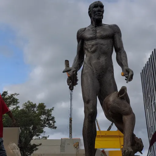 Prompt: The construction of the statue Jerma the Redeemer