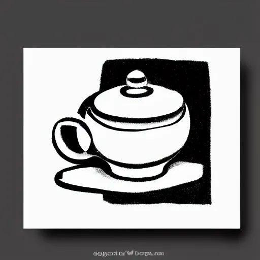 Prompt: high contrast black ink on white paper teapot block print illustration