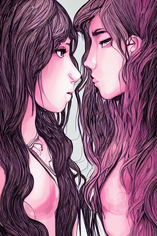 Image similar to a serious stare down between two beautiful idols standing face to face, detailed digital art