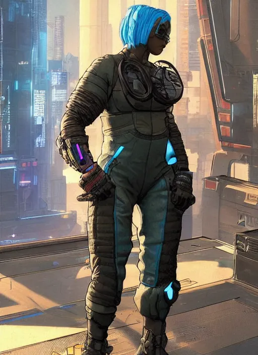 Prompt: apex legends cyberpunk weight lifter. concept art by james gurney and mœbius. cinematic, dramatic lighting ( cyberpunk 2 0 7 7 ), clean aesthetic