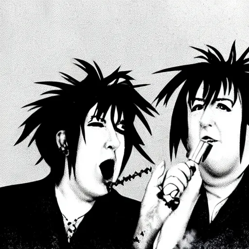 Prompt: robert smith and liberace havine a squirt gun fight, anime style,