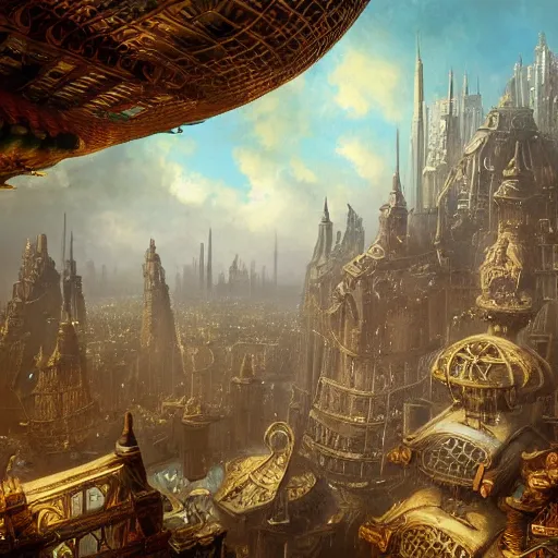 Image similar to enormous flying city in a faberge egg, sky, steampunk, fantasy art, masterpiece, hugh ferriss, unreal engine, andreas achenbach cloudy background, latticework