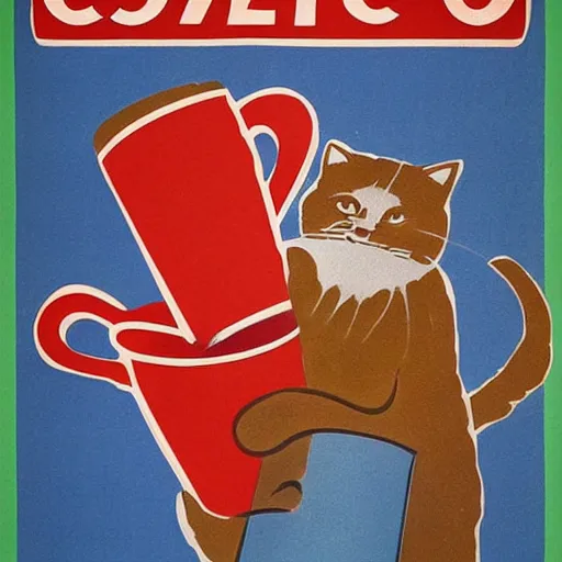 Prompt: soviet propaganda poster showing coffee and cats