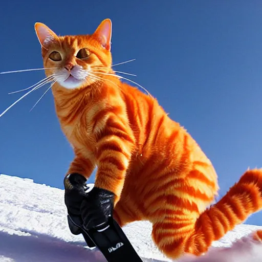 Image similar to an anthropomorphic orange tabby cat skiing