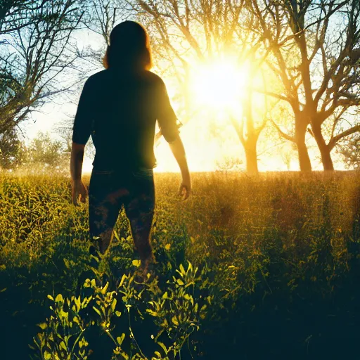 Image similar to a still of a 20's something man hippie standing in a large field of living plants. Magic hour, backlit, lens flare, smoke in the air.