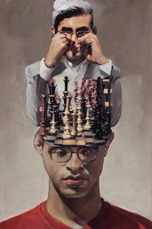 Image similar to a painting of anish giri as chess theoretician pondering over a chess board, a surrealist painting by james jean, trending on cgsociety, pop surrealism, angular