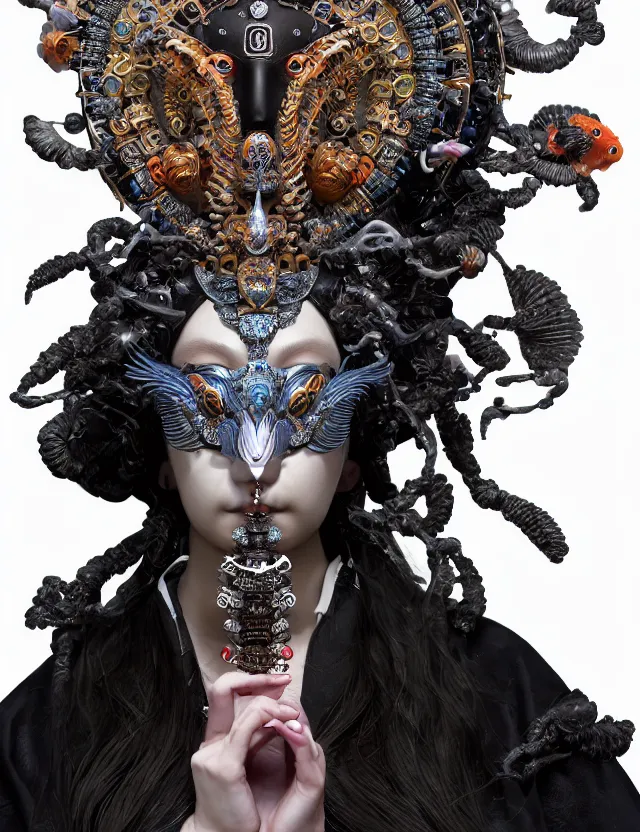 Image similar to 3 d goddess close - up profile portrait with crown, ram skull. beautiful intricately detailed cyberpunk japanese crow kitsune mask and clasical japanese kimono. betta fish, jellyfish phoenix, bio - luminescent, plasma, ice, water, wind, creature, artwork by tooth wu and wlop and beeple and greg rutkowski