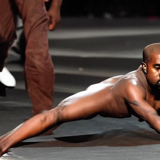 Image similar to kanye west crawling on all fours like a demon