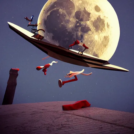 Prompt: full moon, travel upwards, flying, figurines, tilt shift, physical, style of 3 d, occlusion, white clay, style of dave mckean, style of shuzo oshimi, style of will eisner, full of color, on white, smooth, thin sharp lines, detailed, octane render