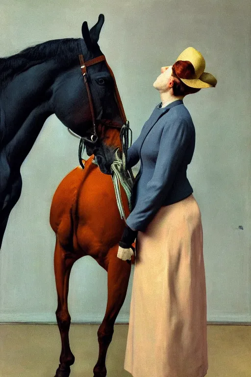 Image similar to a woman mounting a horse that looks like a man, hauntingly surreal, highly detailed painting by francis bacon, edward hopper, adrian ghenie, gerhard richter, and james jean soft light 4 k,