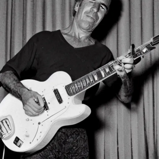 Prompt: photo of jeffrey epstein playing guitar, 1 9 8 0 s, wide angle,