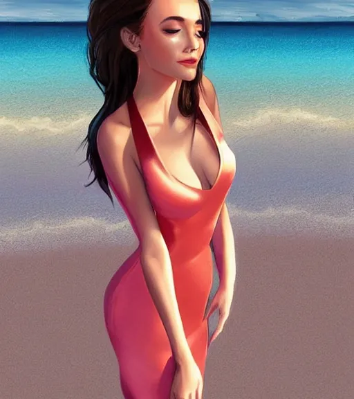 Image similar to beautiful princess wearing a skintight satin prom dress on the beach drawn by artgerm