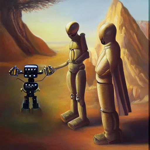 Image similar to a robot missionary trying to convert an alien to christanity, oil on canvas