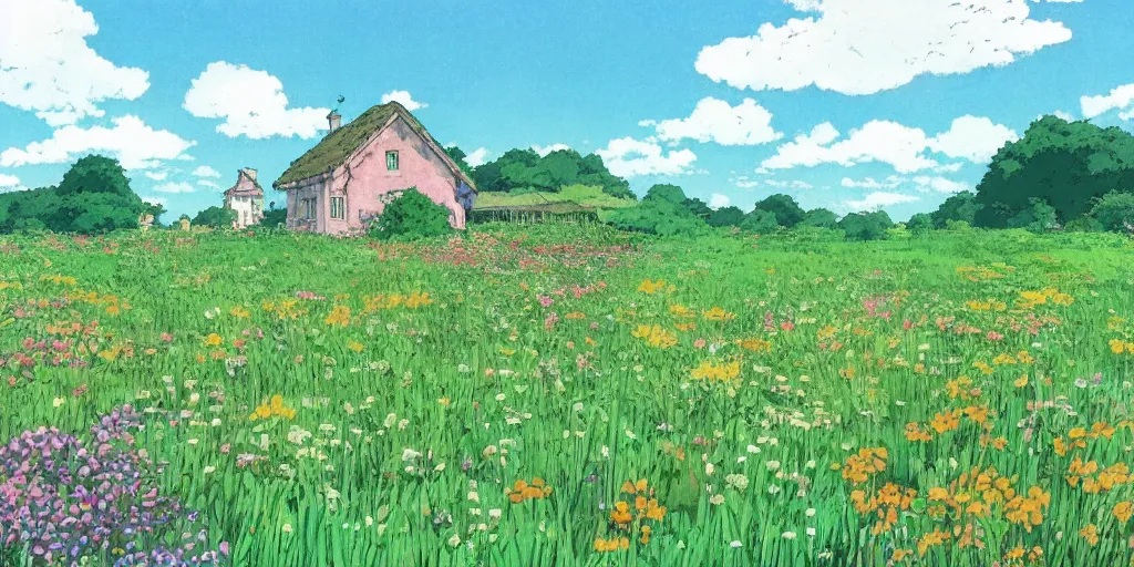 Prompt: an open field with wild flowers, with a small cottage in the distance, studio ghibli