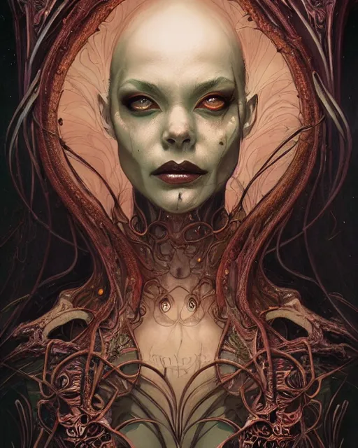 Image similar to perfectly centered portrait front view of a dead rotten beautiful female daemon growing ornamentation, ornate, detailed, symmetrical, elegant, beautifully soft lit, by wayne barlowe, peter mohrbacher, kelly mckernan