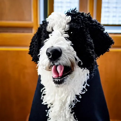 Image similar to a closeup photorealistic photograph of a cute smiling knitted bernedoodle judge dog dressed in a black gown, presiding over the courthouse. indoor image, professional capture, well lit shot. this 4 k hd image is trending on artstation, featured on behance, well - rendered, extra crisp, features intricate detail, epic composition and the style of unreal engine.